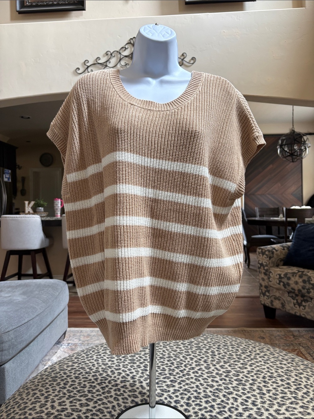 Francesca's Collections Beige & White Striped Scoop-Neck Sweater